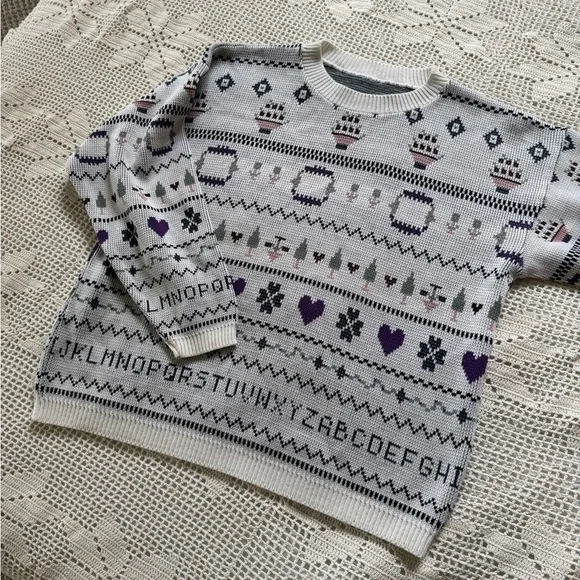 Vintage alphabet White and Purple Patterned Sweater teacher small - Picture 5 of 12
